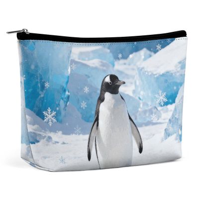 PNOMEDPKJ Travel Penguin on Ice Makeup Bag PU Leather Cosmetic Bags for Women with Zipper Portable Personalized Toiletry Pouch Waterproof Organizer Gift for Mother Girls