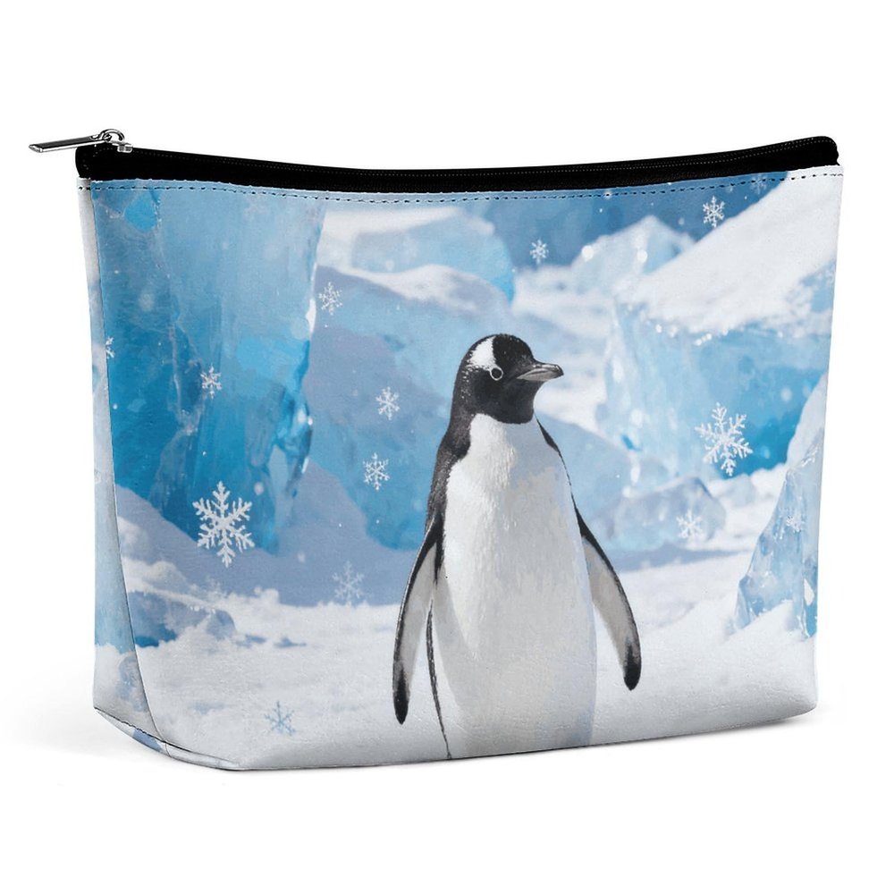 PNOMEDPKJ Travel Penguin on Ice Makeup Bag PU Leather Cosmetic Bags for Women with Zipper Portable Personalized Toiletry Pouch Waterproof Organizer Gift for Mother Girls