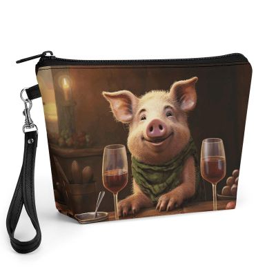 BTCOWZRV Pig And Red Wine Cosmetic Case Pouch, Leather Handheld Makeup Case for Travel, Portable Handheld Makeup Bag for Home, Cosmetic Organizer Bags, Toiletry Bag for Women