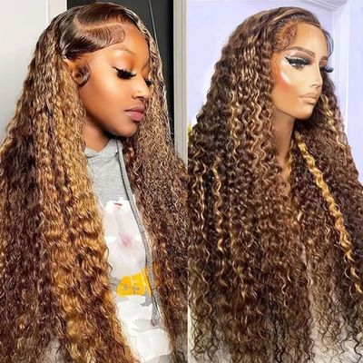 VNFM Highlight Deep Wave Wig Human Hair Honey Blonde 13x6 HD Ombre Lace Front Wigs Human Hair Pre Plucked 200% Density Curly Lace Frontal Wigs For Women 26 Inch