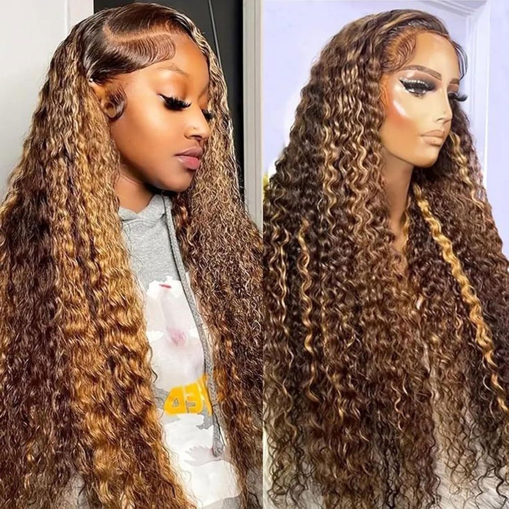 VNFM Highlight Deep Wave Wig Human Hair Honey Blonde 13x6 HD Ombre Lace Front Wigs Human Hair Pre Plucked 200% Density Curly Lace Frontal Wigs For Women 26 Inch