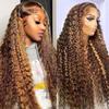 VNFM Highlight Deep Wave Wig Human Hair Honey Blonde 13x6 HD Ombre Lace Front Wigs Human Hair Pre Plucked 200% Density Curly Lace Frontal Wigs For Women 26 Inch view 1