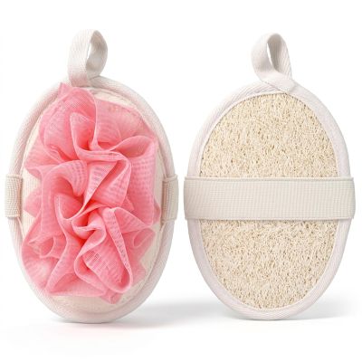 2Pcs Travel Natural Loofah Sponge, Shower Puff with Elastic Hand Strap, Exfoliating Shower Puff for Body and Sensitive Skin, Lightweight Washable Mesh Sponges (Pink, Beige)