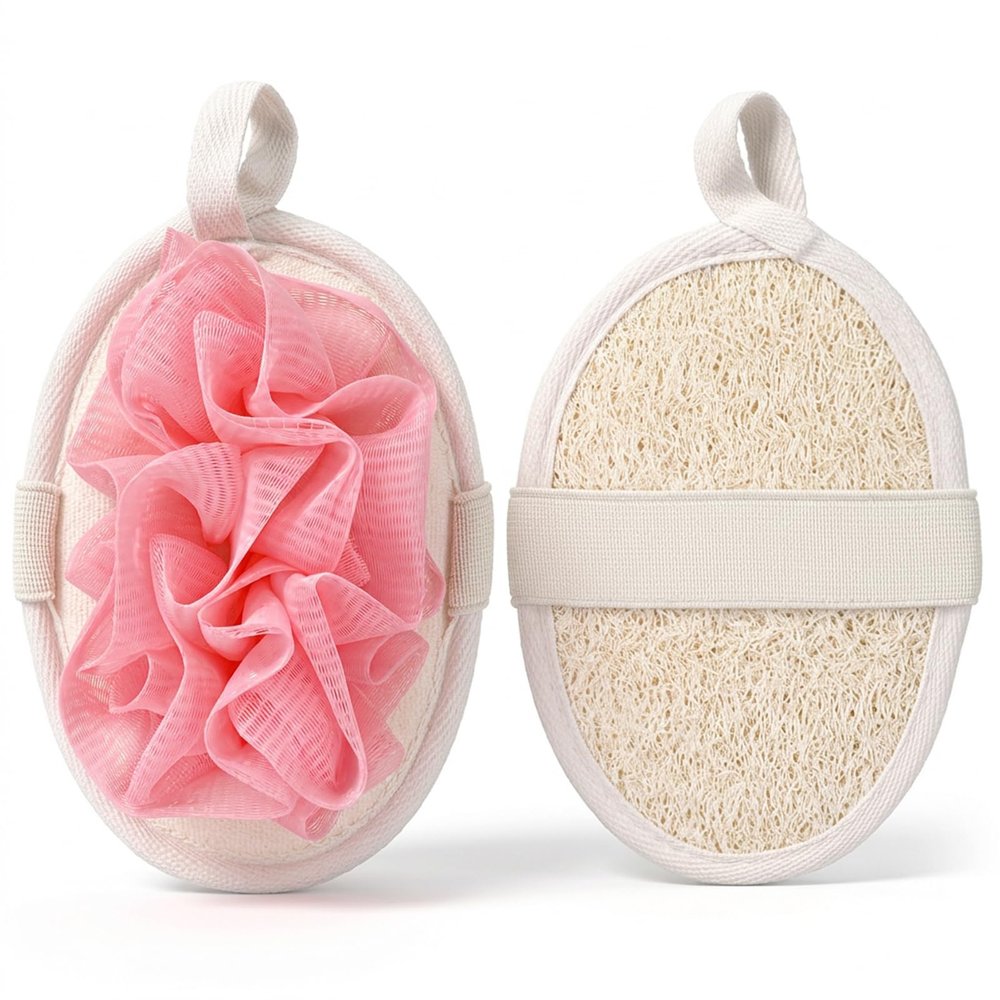 2Pcs Travel Natural Loofah Sponge, Shower Puff with Elastic Hand Strap, Exfoliating Shower Puff for Body and Sensitive Skin, Lightweight Washable Mesh Sponges (Pink, Beige)