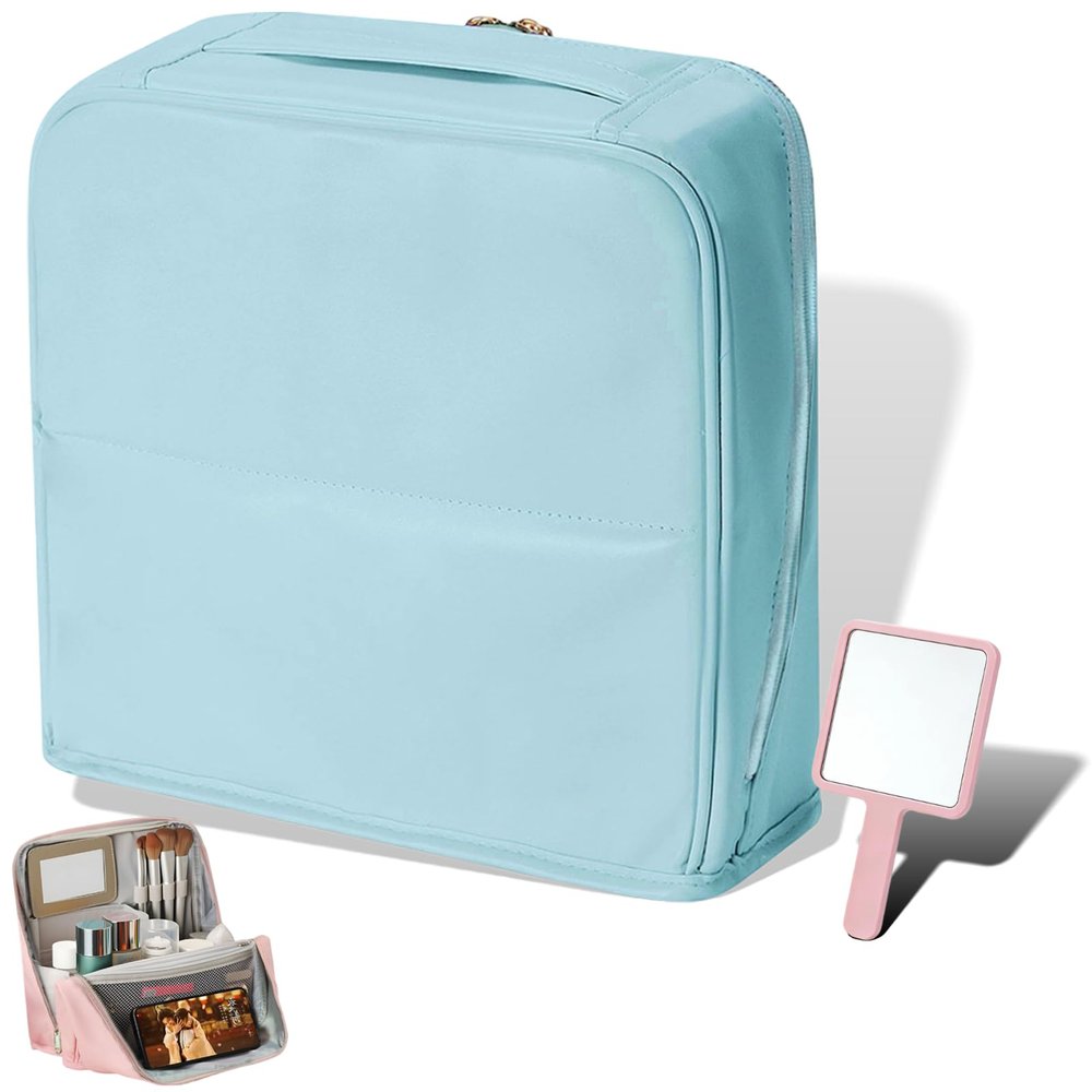 LSMARZJZ Stylish Stand Up Makeup Bag, Self Standing Travel Toiletry Pouch with Compartments, Portable Upright Makeup Bag Organizer for Women (Blue, Medium)