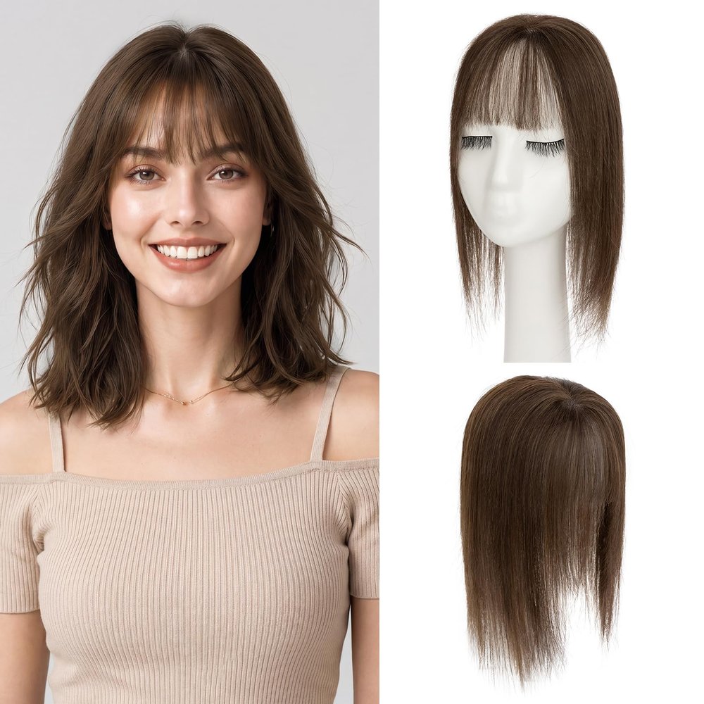 prokyvity Human Hair Toppers for Women, Bangs Hair Clip in Human Hairpieces,Wispy Air Bang Clip on Bangs Toppers,3D 360 Full Cover Invisible 3.15"*4.53" Breathable Lace Base 10" #02 Natural Brown