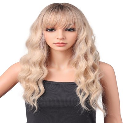 VOLANQI 22 Inch Wavy Wig with Bangs Light Blonde Heat Resistant Synthetic Hair, Soft Silky & Natural Looking for Women