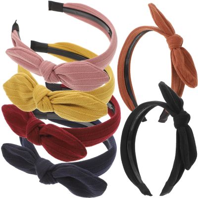 SOESFOUFU 6pcs Wide Striped Bunny Ear Headbands with Bow Knot for Women, Non-slip Stretchy Hairbands in Red Coffee, Black, Wine Red, Pink, Navy, Mustard Fashion Accessories for Daily Wear