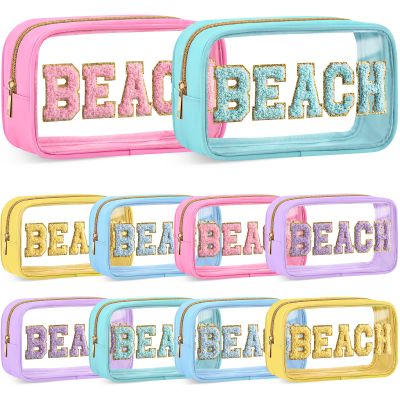 Kacctyen 10 Pcs Beach Clear Makeup Bags with Zipper in 5 Assorted Colors, Chenille Letter Sunscreen Bags Bulk, Waterproof Clear Toiletry Bag for Women Beach Pool Trip & Summer Birthday Party Favors