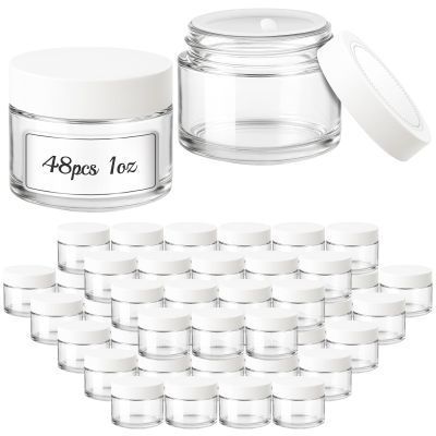 48 Pack 1 OZ Clear Glass Jars with White Lids, White Labels & Inner Liners
