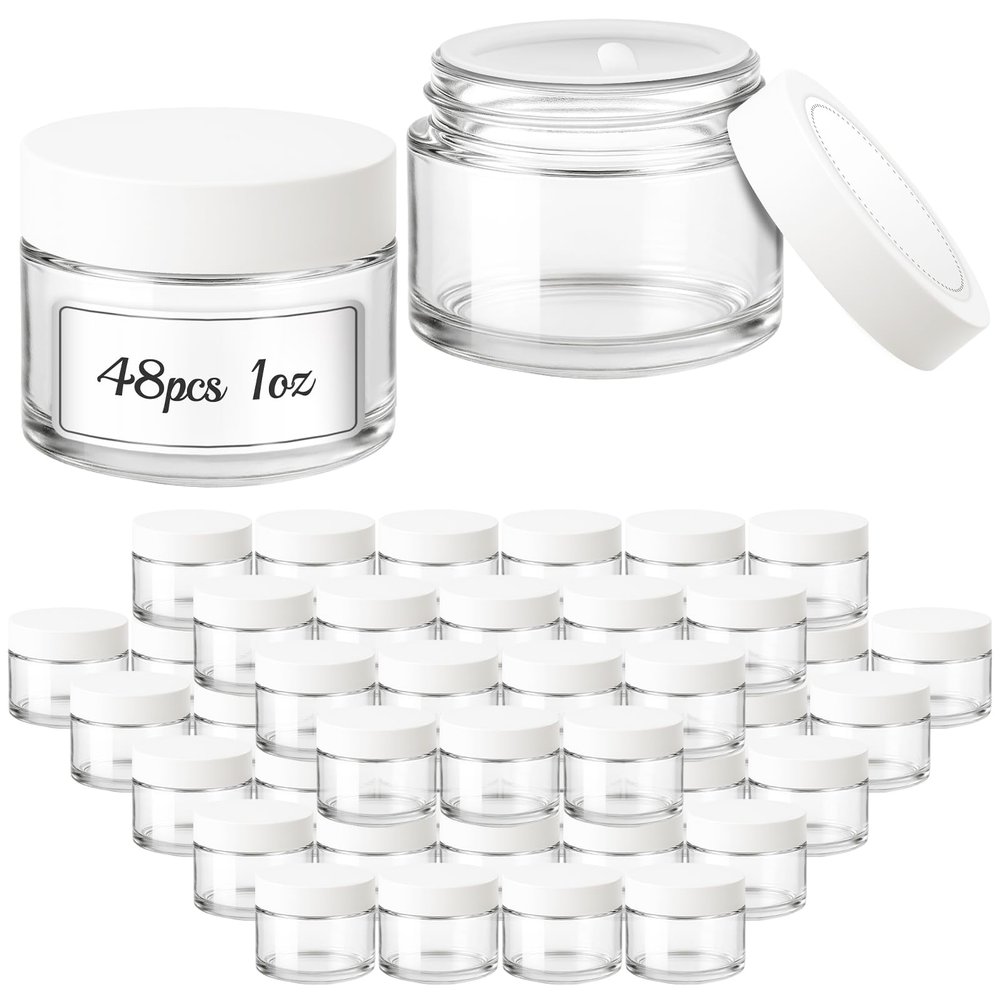 48 Pack 1 OZ Clear Glass Jars with White Lids, White Labels & Inner Liners