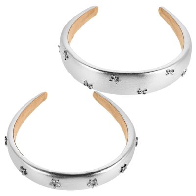 Holibanna Pu Padded Hairbands 2pcs Set Star and Bowknot Designs, Non-slip Silver Hair Hoops for Women, Cute Hair Accessories for Princess Party and Face Washing Use