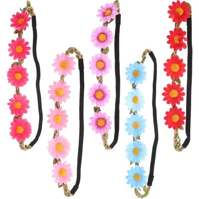POPETPOP 5pcs Floral Sunflower Headbands Elastic Cloth Wreath Hair Bands for Women Wedding Beach Party Photo Headdress Hair Accessories
