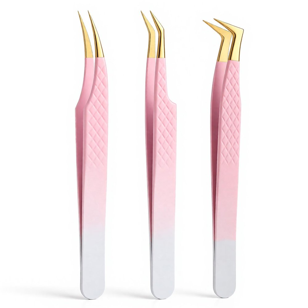3 Pcs Professional Lash Extension Tweezers Set, Stainless Steel Lash Tweezers, Light Pink Pointy Tweezer, Eyelash Extension Tweezer for Craft, Soldering, Model, Nail stickers, Jewelry-Making