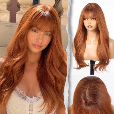 SHINEDIARY Sunset Copper Auburn Wig With Bangs 24'' Long Wavy PuffPro Voluminous High Crown Wigs for Women,3x4''Parting Realistic Scalp,Mob Wife Aesthetic/Clean Girl/Office Siren/Old Money Styles