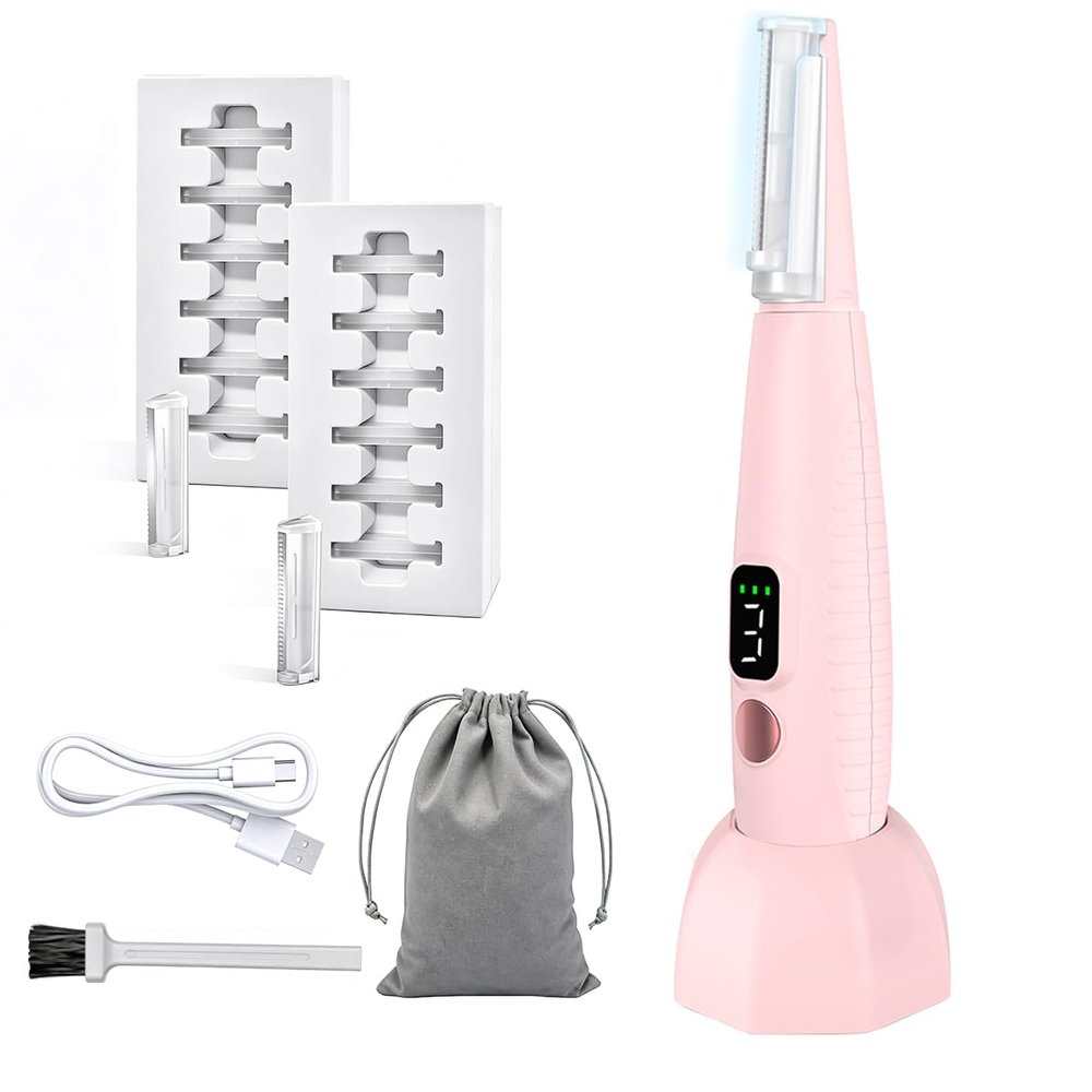 Sonic Dermaplaning Tool, Rechargeable Face Exfoliator with 22,000 Vibrations/Min & 12 Blades (6 Coarse + 6 Fine), Painless Peach Fuzz Removal for Women, Home Facial Hair Razor System with LED Light