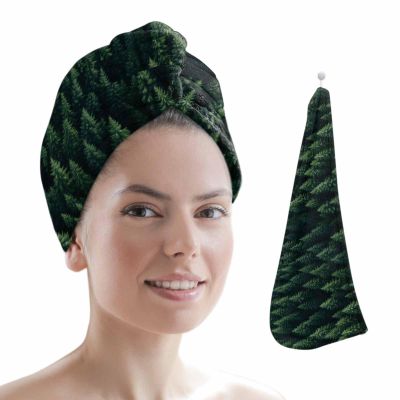 HomeDecorArt Green Forest Microfiber Wrap Ultra Absorbent Hair Towel, Modern Pine Trees Mysterious Art with Buttons Hair Cap Drying Towel Turban Bath Hair Wrap for Woman 26x10in