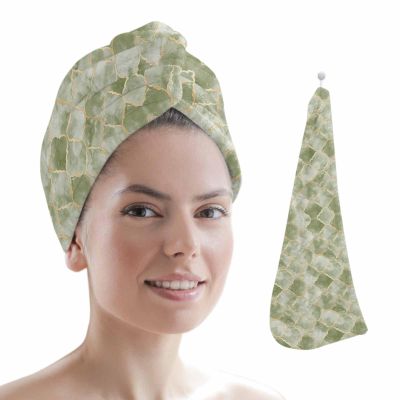 HomeDecorArt Sage Green Geometric Microfiber Wrap Ultra Absorbent Hair Towel, Modern Morocco Abstract Art with Buttons Hair Cap Drying Towel Turban Bath Hair Wrap for Woman 26x10in