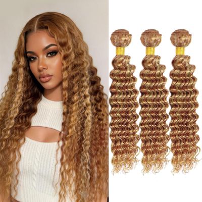 Brown Highlight Human Hair Bundles P27/30 Deep Wave Bundles 10 12 14Inch Brazilian Virgin Human Hair Extensions for Women Highlight Light Brown Deep Wave Bundle(Blonde and Light Brown,100g/per)
