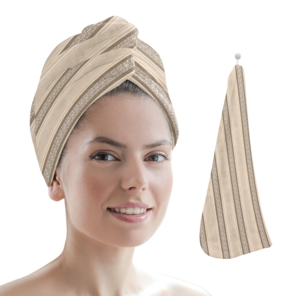 HomeDecorArt Brown Beige Striped Microfiber Wrap Ultra Absorbent Hair Towel, Boho Ethnic Modern Abstract Art with Buttons Hair Cap Drying Towel Turban Bath Hair Wrap for Woman 26x10in