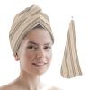 HomeDecorArt Brown Beige Striped Microfiber Wrap Ultra Absorbent Hair Towel, Boho Ethnic Modern Abstract Art with Buttons Hair Cap Drying Towel Turban Bath Hair Wrap for Woman 26x10in view 1