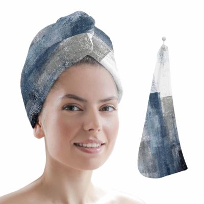 HomeDecorArt Blue Microfiber Wrap Ultra Absorbent Hair Towel, Retro Oil Painted Modern Abstract Art with Buttons Hair Cap Drying Towel Turban Bath Hair Wrap for Woman 26x10in