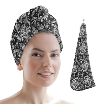 HomeDecorArt Black and White Microfiber Wrap Ultra Absorbent Hair Towel, Modern Luxurious Geometric Abstract Art with Buttons Hair Cap Drying Towel Turban Bath Hair Wrap for Woman 26x10in