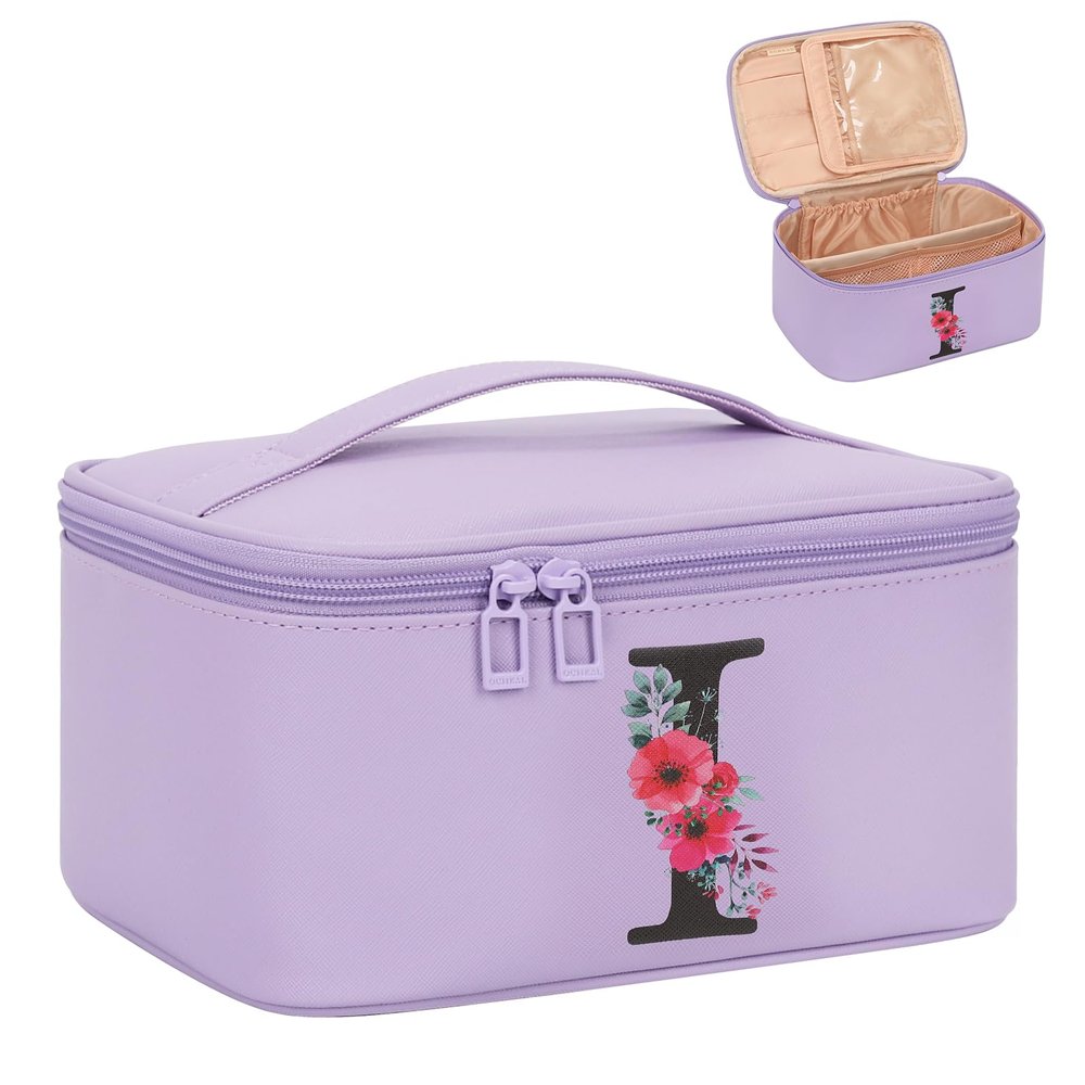 OCHEAL Initial Makeup Bag,Monogram Make up Bag Black Travel Makeup Organizer Case Beauty Toiletry Cosmetic Bag with Brush Holder, Trendy Stuff Personalized Gifts for Women and Girls-I