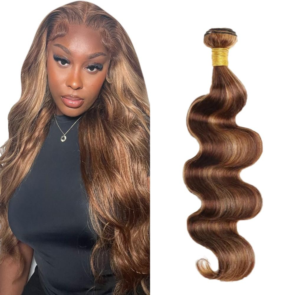Hydtxc 24 Inch Single Body Hair Bundle, #P4/27 Highlight, Chocolate Brown & Honey Blonde Body Human Hair.100g Per Bundle.100% Unprocessed Brazilian Virgin Human Hair for Black Women