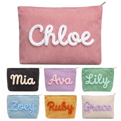 Taikuri Personalized Corduroy Makeup Bag Custom Embroidered Cosmetic Pouch with Name, Travel Pouch for Women, Bridesmaid Gift, Wedding Bachelorette Party Favor
