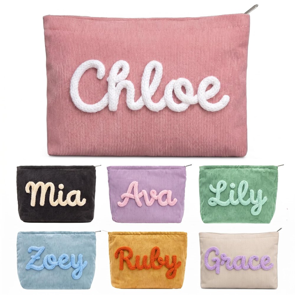 Taikuri Personalized Corduroy Makeup Bag Custom Embroidered Cosmetic Pouch with Name, Travel Pouch for Women, Bridesmaid Gift, Wedding Bachelorette Party Favor