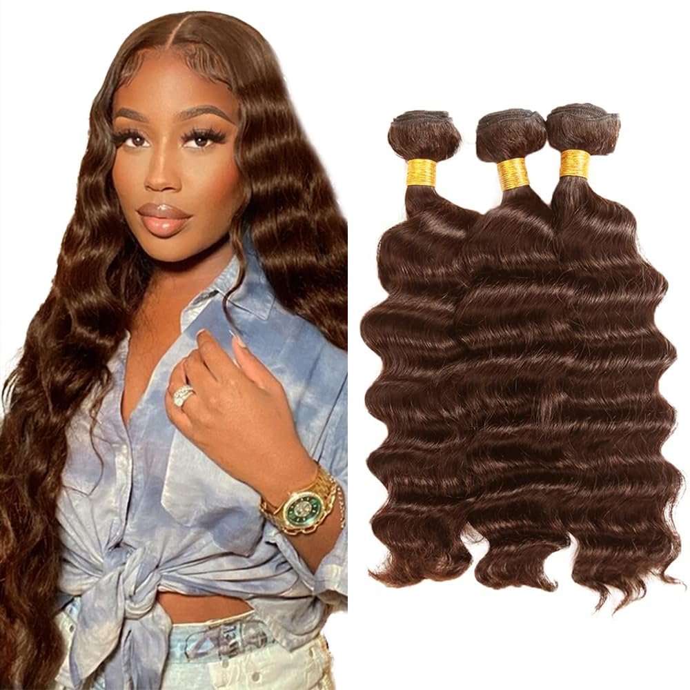 #4 Brown Bundles Human Hair Dark Brown Deep Wave Bundles 30 32 34 Inch Brazilian Virgin Hair 3 Bundle 50 Gram Per Bundle Chocolate Brown Quick Weave Hair Extensions