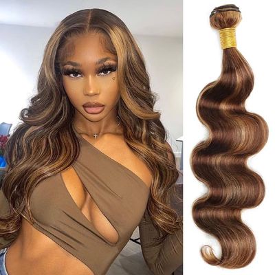 Hydtxc 20 Inch Single Body Hair Bundle, #P4/27 Highlight, Chocolate Brown & Honey Blonde Body Human Hair.100g Per Bundle.100% Unprocessed Brazilian Virgin Human Hair for Black Women
