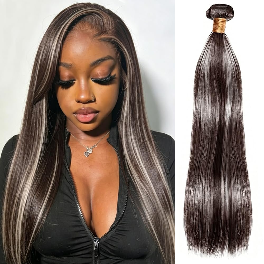 Hydtxc 26 Inch Single Straight Hair Bundle, #P4/Grey Highlight, Chocolate Brown & Silver Grey Straight Human Hair.100g Per Bundle.100% Unprocessed Brazilian Virgin Human Hair for Black Women