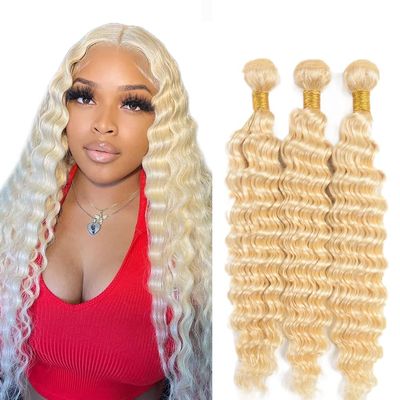 #613 Bundles Human Hair Blonde Deep Wave Bundles 18 20 22 Inch Unprocessed Brazilian Virgin Hair 3 Bundle 50 Gram Per Bundle Blonde Quick Weave Hair Extensions