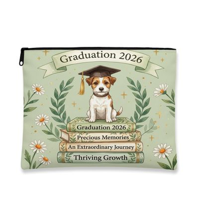 Congrats Grad Russell Terrier Dog Makeup Bag, Daisy Leaf Printed Cosmetic Travel Pouch for Women, Graduation Portable Small Canvas Zipper Organizer 7x9 Inch