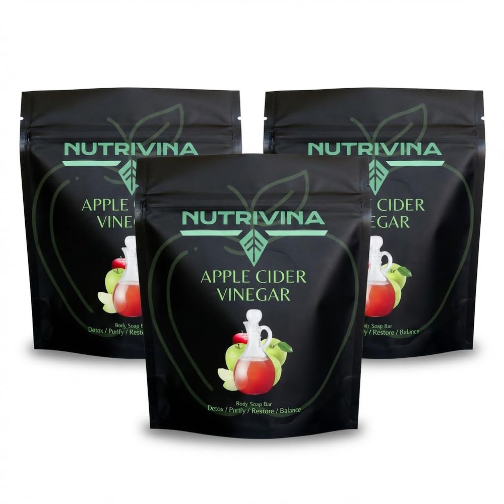 Nutrivina Apple Cider Vinegar Body Bar Soap, Detox & pH Balance, Handcrafted with Coconut Oil and Cocoa Butter, For Oily, Acne-Prone, or Dull Skin (3 Pack)