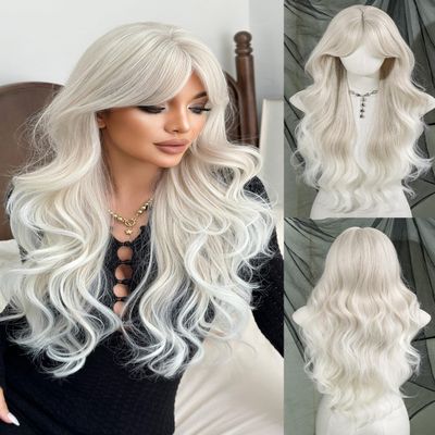 7JHH WIGS 28IN Platinum Blonde Long Wavy Wigs with Curtain Bangs