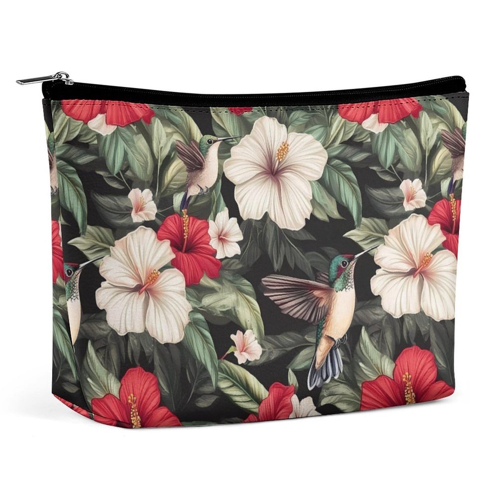 Hummingbirds Hibiscus Flowers Makeup Bag Travel Cosmetic Toiletry Bags Makeup Case Organizer for Women Men