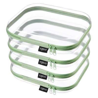 YQBRAO Clear Hard Shell Zipper Cases, 4 Medium Makeup Organizers, Green