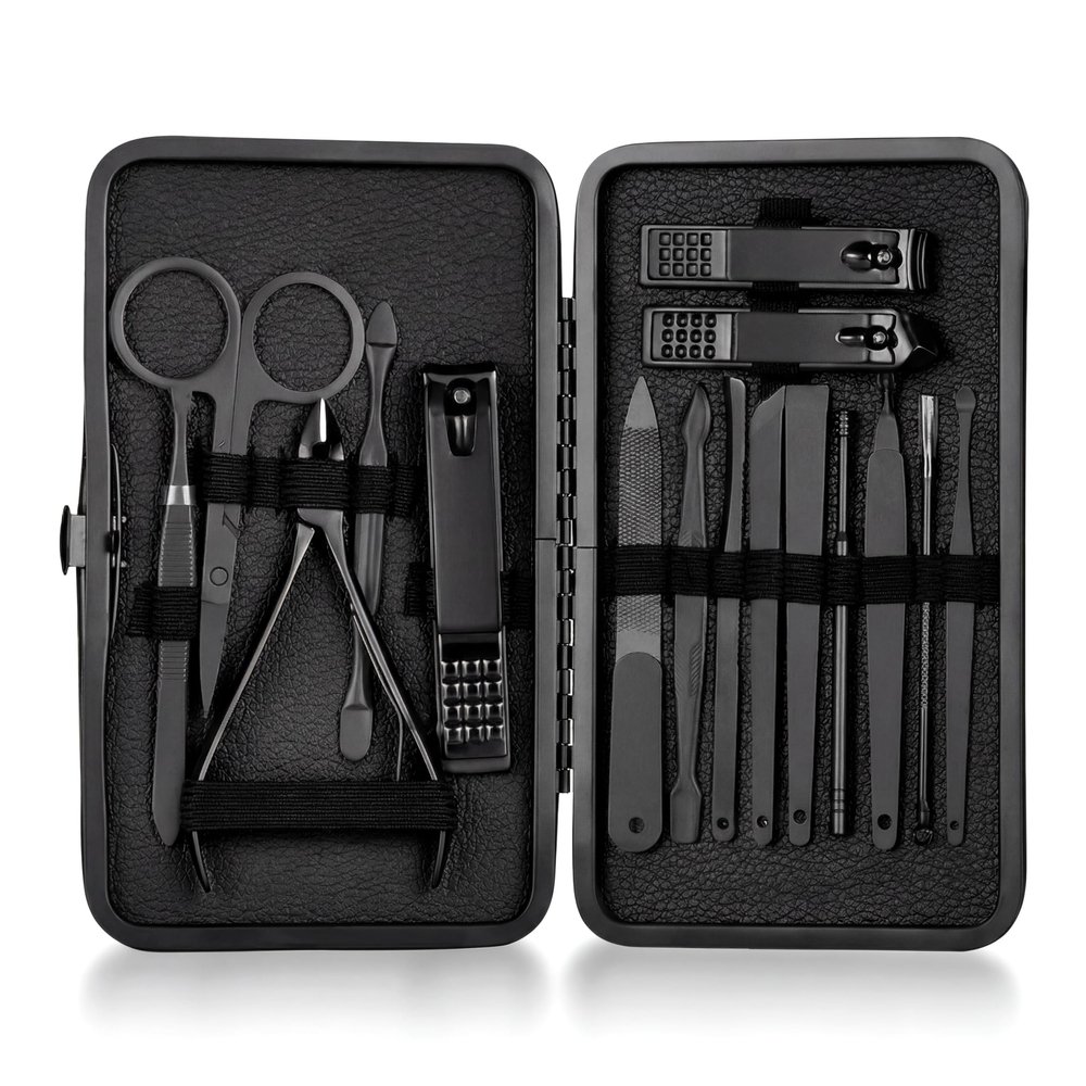 16 in 1 Manicure Pedicure Kit, Professional Nail Clipper Set, Stainless Steel Grooming Kit with Cuticle Tools, Portable Travel Nail Care Kit for Men Women, Black