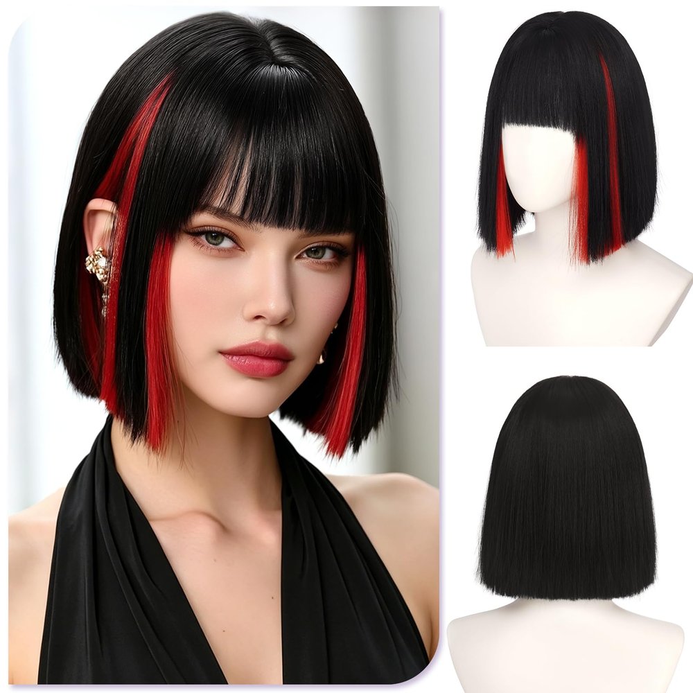 SOFEIYAN Short Black with Red Highlights Bob Wig with Bangs - 12 inch Straight Bob Wig for Women Soft Synthetic Hair Wigs with Face-Framing Curtain Bangs Natural Looking for Daily Wear or Cosplay Use