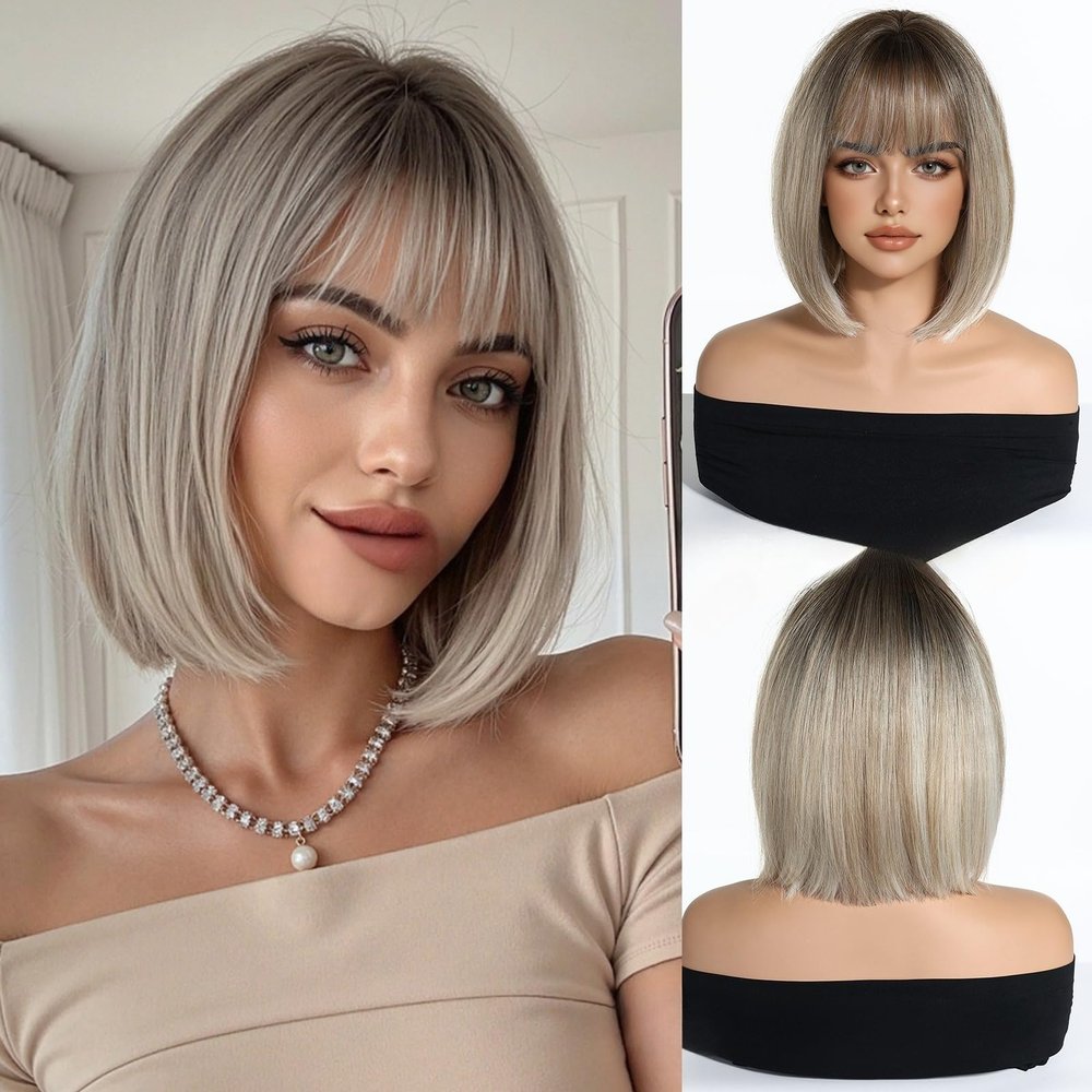Orbelix Middle Part Hand Tied Short Straight Wigs Human Hair in Grey Brown Highlight Natural Look Real Hair Wig for Women with Baldness (Grey Brown,12 Inch)