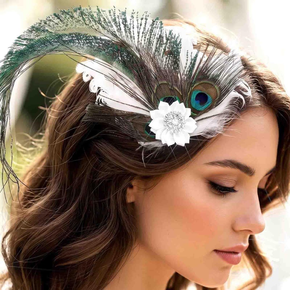 Yokawe Peacock Feather Hair Clip White Flower Costume Headpiece Rhinestone 1920S Bridal Fascinator