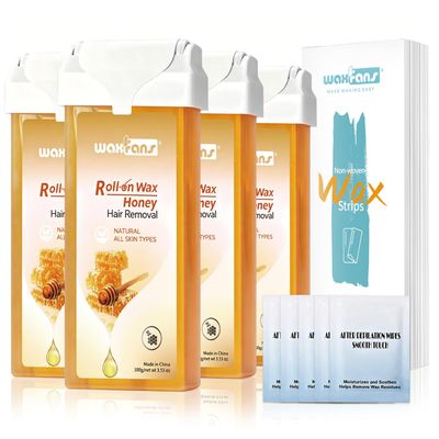 Waxfans Roll On Wax Refill,Waxing Roller Refill for Hair Removal,100% Natural,Quick Melting - For Coarse and Fine Hairs.with 3.53 Ounce(Pack of 4) Honey Wax Rollers, 50 StripsYellow)