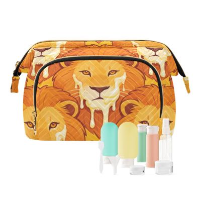 VIGTRO Lion Faces Dripping Cream Quilted Makeup Bag Toiletry Bag Wide Open Cosmetic Bag with Bottles Kit Large Capacity Travel Organizer Pouch for Women