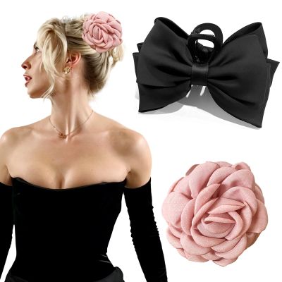 GQLV Bow Claw Clip,Cute Hawaiian Flower Hair Claw Clips for Women Girls,Big Hair Bows Ribbons for Hair Claws,Tropical Large Claw Clips for Thick/Thin Hair Accessories Beach Summer (pink,black)