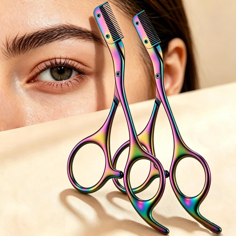 Eyebrow Scissors with Comb, 2-in-1 Professional Eyebrow Trimmer with Comb, Stainless Steel Precision Brow Grooming Scissors for Women and Men, Easy and Even Trimming Tool (Rainbow Titanium, 2pcs)