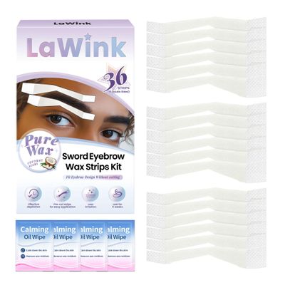 LAWINK Pure Eyebrow Wax Strips 36Pcs, Sword Type, For Sensitive Skin, Pre-Cut Facial Wax Strips, With 4 Calming Oil Wipes for Hair Removal, Face Wax Strips for Natural Home & Travel Brazilian