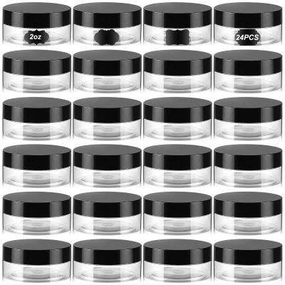 Dandat 24 Pcs 2/4/6/8/10/12oz Plastic Clear Jar Container with Black Lid and Label, Empty Round PET Cosmetic Jars for Cream, Body Butter, Balm, Salve, Travel (2oz, Clear Jar with Black Lid)